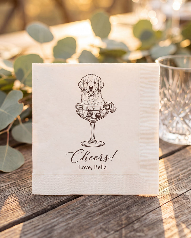 Close-up of custom pet cocktail napkin with hand-illustrated dog portrait