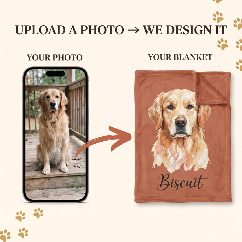 Before and after photo to illustrated portrait on pet blanket