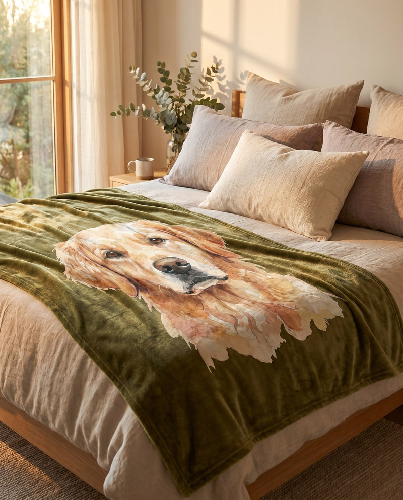 Custom pet photo blanket styled on bed