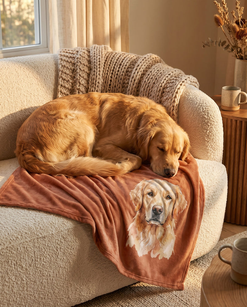 Personalized dog blanket styled on couch
