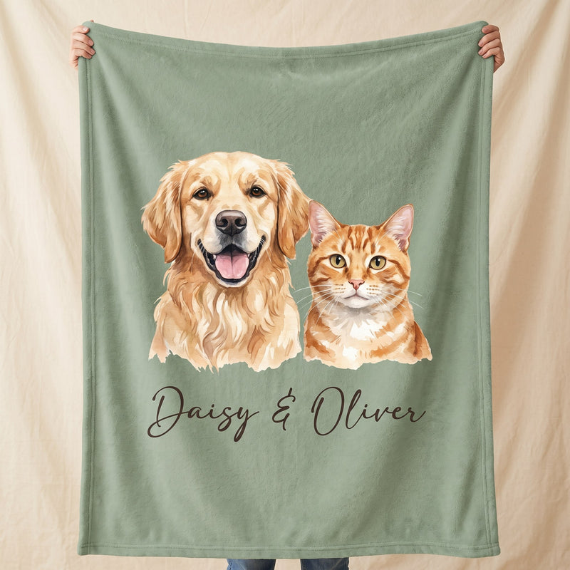 Multi-pet photo blanket with two pets illustrated