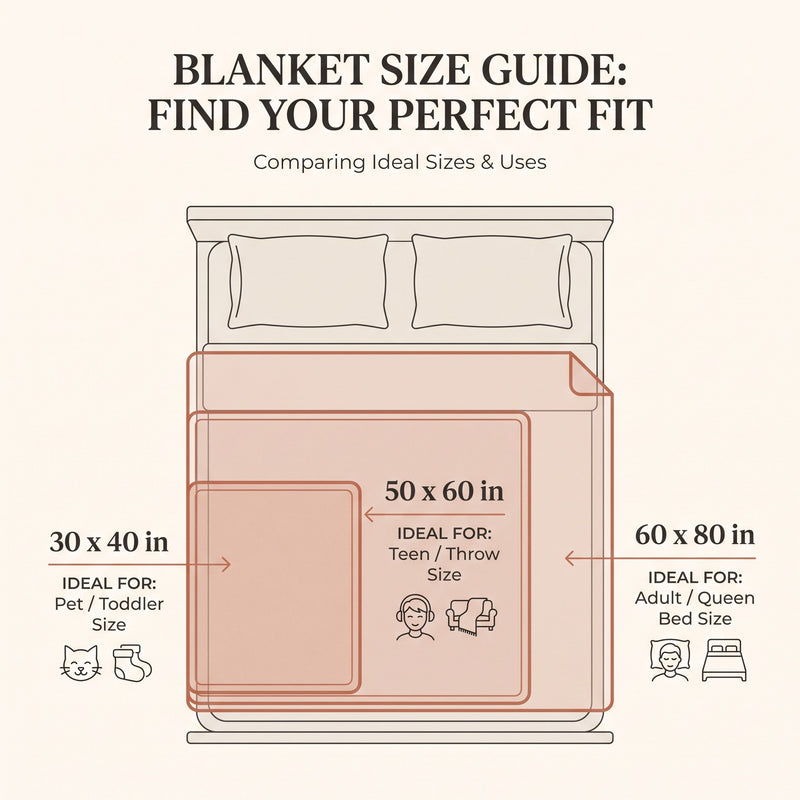 Pet photo blanket size chart infographic, 30x40, 50x60, 60x80