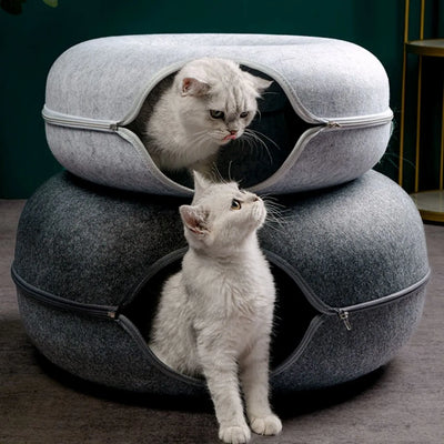 Donut Cat Bed & Interactive Tunnel – Cozy 2-in-1 Felt Cat House