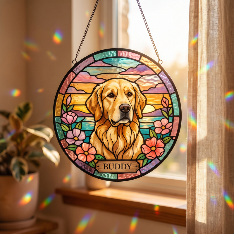Personalized dog portrait stained glass suncatcher hanging in a sunlit window with rainbow light refractions