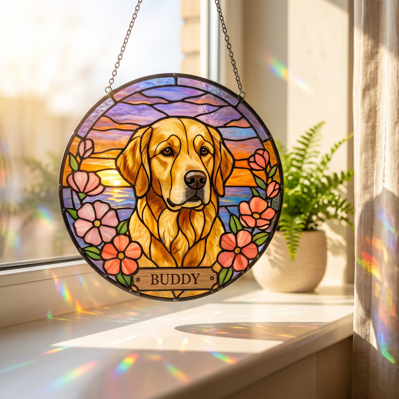 Stained glass dog memorial suncatcher casting rainbow prisms across a sunlit windowsill