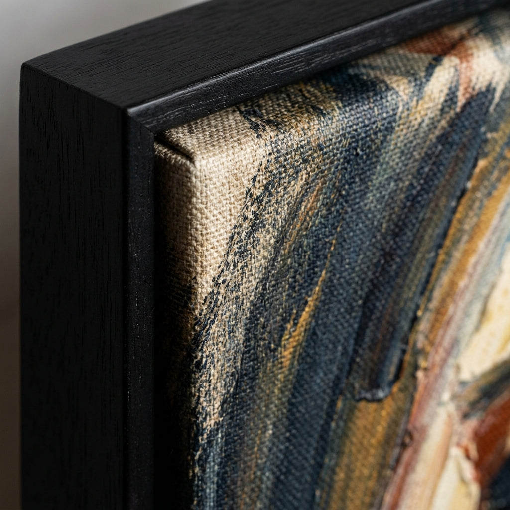 Close up detail texture of premium custom canvas and frame corner