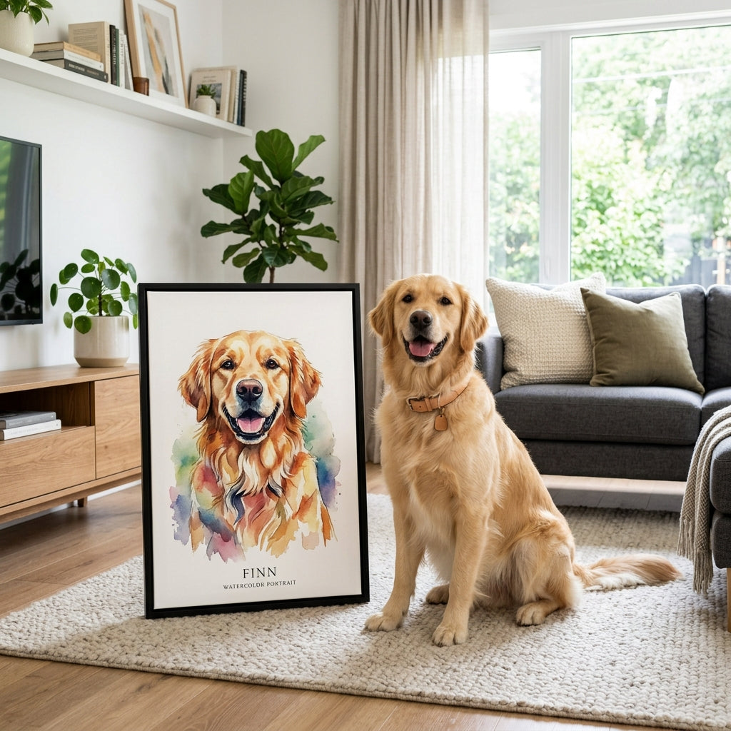 Golden Retriever next to completed custom canvas portrait